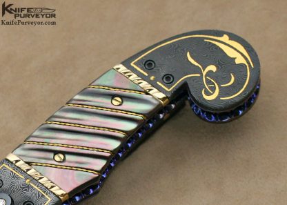 Jim Minnick Custom Knife Jerry Rados Turkish Twist Damascus With 24Kt Gold Inlays & Black Lip Tahitian Pearl Shell Automatic Linerlock - Image 3