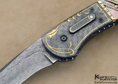 Jim Minnick Custom Knife Jerry Rados Turkish Twist Damascus With 24Kt Gold Inlays & Black Lip Tahitian Pearl Shell Automatic Linerlock - Image 2