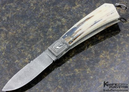 Jim Schmidt Custom Knife Sole Authorship Damascus & Fossilized Walrus Bale Lock Folder 7/22/85 #70 Piswhistler 6983 Open