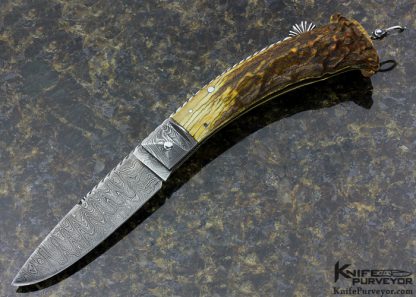 Jim Schmidt Custom Knife Sole Authorship Damascus & Crown Stag Lockback Folder Signed (Schmidt 7/1/81 "Grendell" #24)