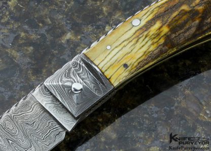 Jim Schmidt Custom Knife Sole Authorship Damascus & Crown Stag Lockback Folder Signed (Schmidt 7/1/81 "Grendell" #24) - Image 2