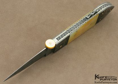 Jim Schmidt Custom Knife Sole Authorship Damascus & South Sea Gold Lip Pearl Shell Lockback Dagger "Hummingbird" #009 made in 1995 - Image 4