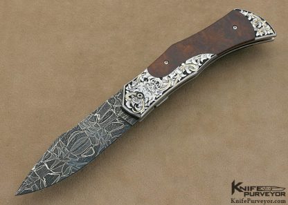 Jody Muller Custom Knives Sole Authorship Engraved Desert Ironwood & Damascus Linerlock