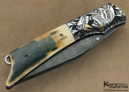 Jody Muller Custom Knife Sole Authorship Engraved Damascus & Mammoth Ivory Linerlock - Image 3