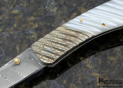 Joe Kious Custom Knife Damascus, Fluted Pearl & Mokume Lockback - Image 2