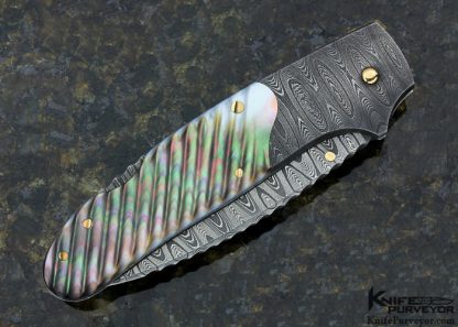 Joe Kious Custom Knife Damascus and Fluted Blacklip Pearl Lockback - Image 3