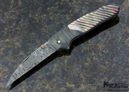 Joe Kious Custom Knife Damascus and Fluted Blacklip Pearl Lockback