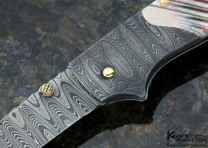 Joe Kious Custom Knife Damascus and Fluted Blacklip Pearl Lockback - Image 2