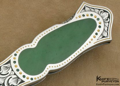 Joe Kious Custom Knife Julie Warenski Engraved and Jewel Encrusted Green Apple Jade & Damascus Lockback Dagger - Image 4