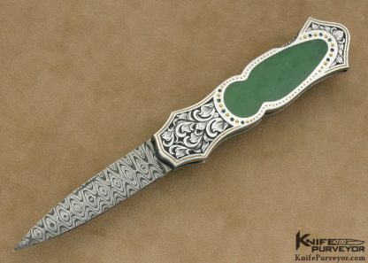 Joe Kious Custom Knife Julie Warenski Engraved and Jewel Encrusted Green Apple Jade & Damascus Lockback Dagger