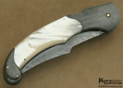 Joe Kious Custom Knife Jerry Rados "Turkish Twist" Damascus and Mother of Pearl Shell Button Release Auto - Image 4