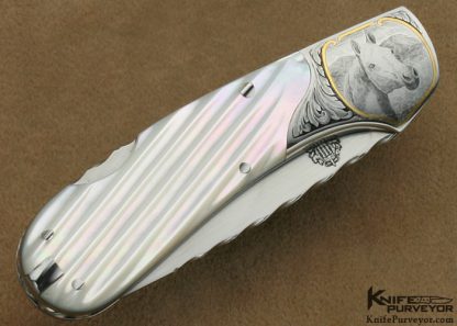 Joe Kious Custom Knife Robert Swartley Engraved Fluted Mother of Pearl Shell Lockback with Toothpick - Image 3