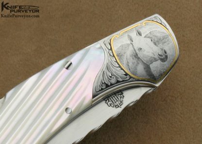 Joe Kious Custom Knife Robert Swartley Engraved Fluted Mother of Pearl Shell Lockback with Toothpick - Image 4