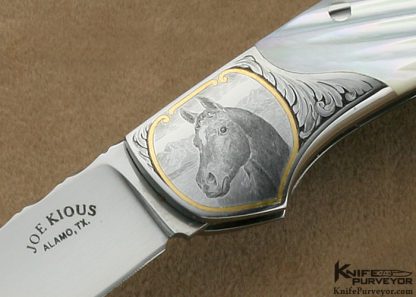 Joe Kious Custom Knife Robert Swartley Engraved Fluted Mother of Pearl Shell Lockback with Toothpick - Image 2