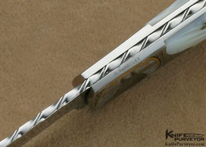 Joe Kious Custom Knife Robert Swartley Engraved Fluted Mother of Pearl Shell Lockback with Toothpick - Image 6