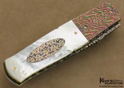 Johan Gustafsson Custom Knife Sole Authorship Colored Mosaic Damascus & Mother of Pearl Shell Linerlock Dagger - Image 3