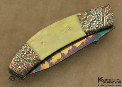 Johan Gustafsson Custom Knives Blued Sole Authorship Mosaic Damascus & Premium Amber "Baby Rhino" Linerlock - Image 3