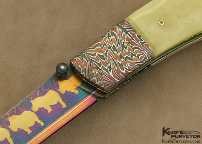 Johan Gustafsson Custom Knives Blued Sole Authorship Mosaic Damascus & Premium Amber "Baby Rhino" Linerlock - Image 2