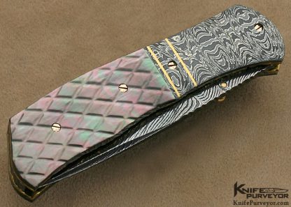 John W. Smith Custom Knife Sole Authorship Damascus & Checkered Black Lip Tahitian Pearl Shell Linerlock - Image 3