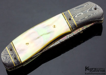 John W. Smith Custom Knife South Sea Gold Lip Pearl Shell & Blued Sole Authorship Damascus Linerlock - Image 2