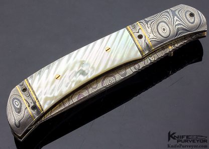 John W. Smith Custom Knife Blued Damascus with Fluted Mother of Pearl Shell and Gold Spacers - Image 3