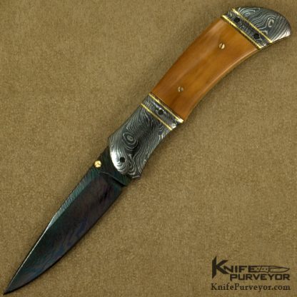 John W. Smith Custom Knife Fossilized Walrus Ivory and Sole Authorship Damascus Double Bolstered Linerlock