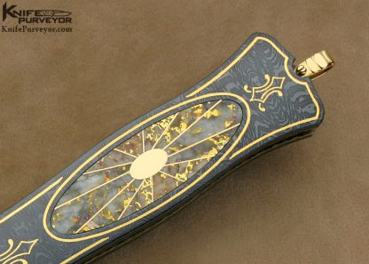 John W. Smith Custom Knife Blued Sole Authorship Damascus Presentation Linerlock Dagger with Gold Quartz Mosaic Inlays - Image 3