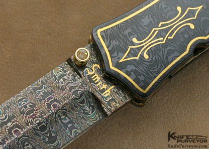 John W. Smith Custom Knife Blued Sole Authorship Damascus Presentation Linerlock Dagger with Gold Quartz Mosaic Inlays - Image 2