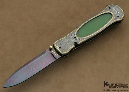 John W. Smith Custom Knife Sole Authorship Damascus & Green Apple Jade Linerlock Dagger