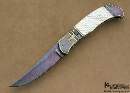 John W. Smith Custom Knife Checkered Mother of Pearl Shell & Blued Sole Authorship Damascus with 24Kt Gold Inlays Automatic Linerlock