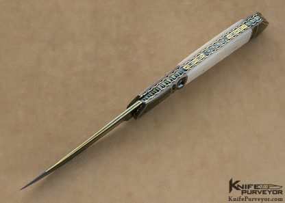 John W. Smith Custom Knife Checkered Mother of Pearl Shell & Blued Sole Authorship Damascus with 24Kt Gold Inlays Automatic Linerlock - Image 4