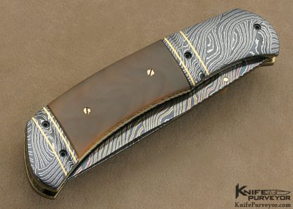 John W. Smith Custom Knife Fossilized Walrus and Blued Sole Authorship Damascus Double Bolstered Linerlock - Image 3