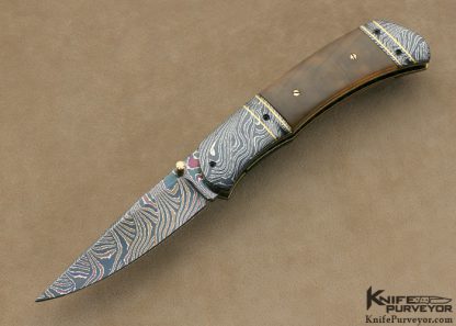 John W. Smith Custom Knife Fossilized Walrus and Blued Sole Authorship Damascus Double Bolstered Linerlock