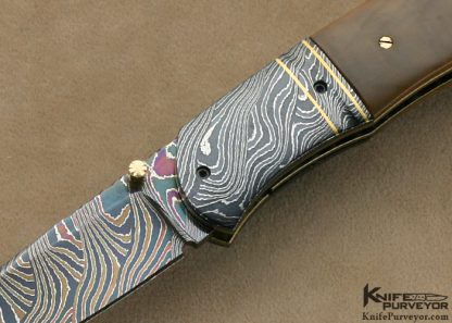 John W. Smith Custom Knife Fossilized Walrus and Blued Sole Authorship Damascus Double Bolstered Linerlock - Image 2