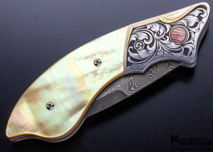 Jot Sing Khalsa Custom Knife South Sea GoldLip Auto Button Lock Engraved Julie Warenski - Image 3