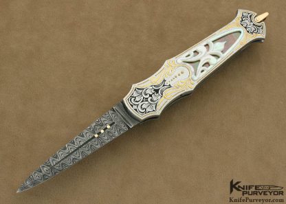 Warren Osborne Custom Knife Julie Warenski Engraved & Carved Mother of Pearl Overlay Black Lip Tahitian Pearl Shell Interframe Trap Door Release Lockback Dagger