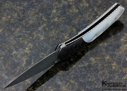 Kelly Carlson Custom Knife "Hawk" Assisted Opening Damascus, Mother of Pearl & Carbon Fiber Assisted Opening Linerlock - Image 5