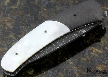 Kelly Carlson Custom Knife "Hawk" Assisted Opening Damascus, Mother of Pearl & Carbon Fiber Assisted Opening Linerlock - Image 3