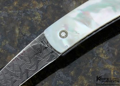 Kelly Carlson Custom Knife Mike Norris Stainless Damascus & Mother of Pearl Shell Linerlock - Image 2