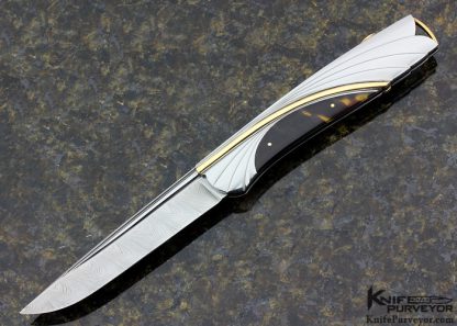 Ken Steigerwalt Custom Knife Damasteel Amber with Fluted 416 Stainless Steel and 18 Kt Gold Lockback