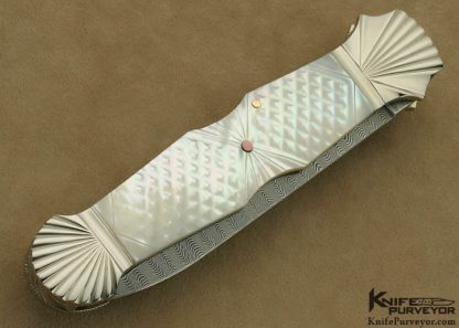 Ken Steigerwalt Custom Knife Damascus, Scallopped Nickle Silver & Carved Mother of Pearl Tab Release - Image 3