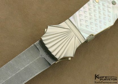 Ken Steigerwalt Custom Knife Damascus, Scallopped Nickle Silver & Carved Mother of Pearl Tab Release - Image 2