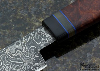 Kevin Cross Custom Knife Redwood Burl with Steel Carbon Damascus and Black Buffalo Horn, Amber, Blue Spacers - Image 2