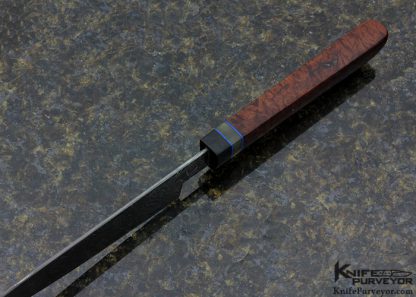 Kevin Cross Custom Knife Redwood Burl with Steel Carbon Damascus and Black Buffalo Horn, Amber, Blue Spacers - Image 4