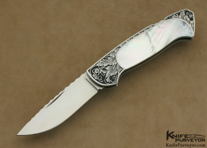 Joe Kious Mother of Pearl Shell Semi Interframe Lockback Engraved by Lisa Tomlin