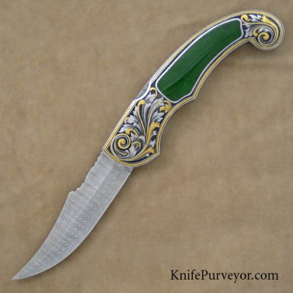 Joe Kious Custom Knife Jade Inlaid Persian Automatic Engraved by Jon Robyn