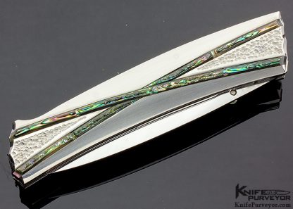 Koji Hara Custom Knife Bamboo Textured Abalone and Steel Lockback Folder - Image 2