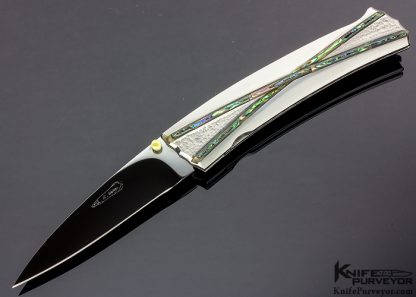 Koji Hara Custom Knife Bamboo Textured Abalone and Steel Lockback Folder - Image 7