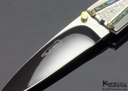 Koji Hara Custom Knife Bamboo Textured Abalone and Steel Lockback Folder - Image 4