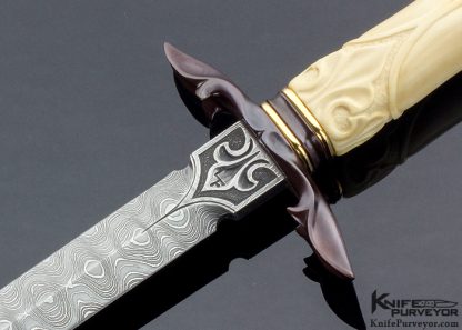 Larry Fuegen Custom Knife Sole Authorship Damascus with Carved & Stippled Cream Colored Fossil Walrus Art Dagger - Image 2